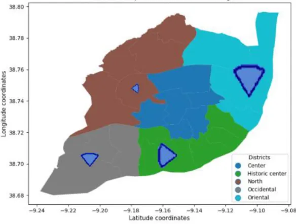 Figure 12: Map of Lisbon with representation of cell sites’ antennas signal ranges in blue 