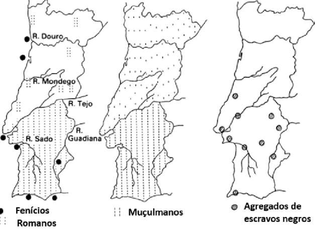 Figura 5 – Antigos estabelecimentos e aglomerados de escravos negros em  Portugal. [Adaptado de Figura 4 de  (21)] 