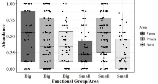 Figure 4.3 - Boxplot of rodents’ relative abundance in the three management types zones monitored: Farms, Phinda reserve  and Rural Communities