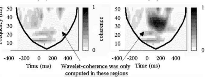 Figure  6-  Time-frequency  maps  for  wavelet  coherence  analysis.  On  the  left:  coherence  result  between  two  independent  signals;  on  the  right:  coherence  between  two  signals  with  a  well  defined  synchronous  period