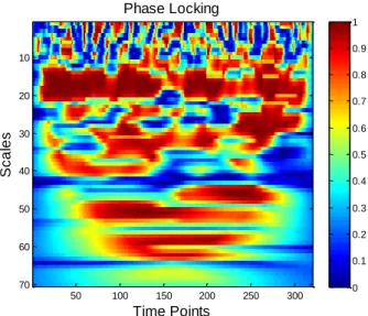 Figure  10-  Phase  Locking  matrice  obtained  from  Angle  difference  matrice,  Figure  9  on  the  right,  by  applying  the  Phase Coherence integration provided by Lachaux (2002), see equation 6