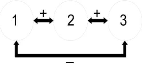 Figure 1.1: The simplest balanced system: the signs indicate whether the components attract or repel each other