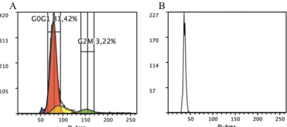 Figure 3.7 Flow cytometric analysis of cell cycle. Cells were fixed with 70% ethanol and stained with PI A