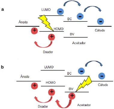 Figura  2.2  Princípio  de  funcionamento  de  uma  célula  solar  híbrida  quando  a  absorção  do  fotão  ocorre no doador (a) e quando a absorção do fotão ocorre no aceitador (b) (adaptado de [16])