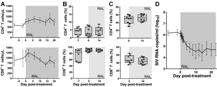 FIG 3 Effects of RAL monotherapy alone. The effects of RAL monotherapy on CD4 ⫹ (ﬁrst row) and CD8 ⫹ (second row) cells in peripheral blood (absolute values) (A), in jejunal biopsy specimens (percentage of CD3 ⫹ cells) (B), in superﬁcial LNs (percentage of