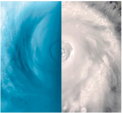 Figure 1.5: South pole vortex and comparison with a terrestrial hurricane.