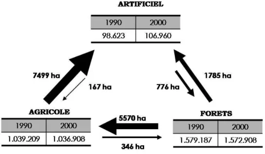 Figure 2 - Occupation du sol et transferts inter-classes, en hectares, entre 1990 et 2000.