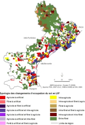 Figure 3 – Typologie des changements d’occupation du sol en Languedoc-Roussillon, entre 1990 et 2000.