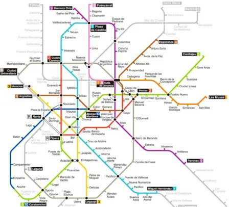 Fig. 2.1 – Mapa da rede do Metro de Madrid no ano de 1995 e futuras linhas para 1999 de cor acinzentada 