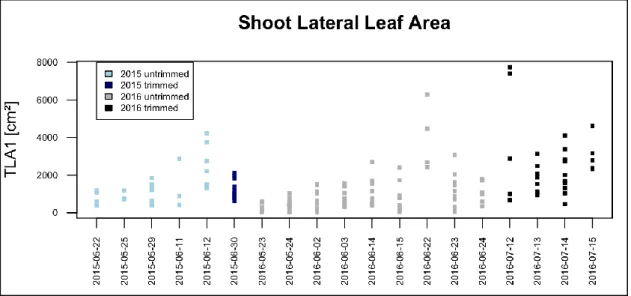 Figure  5:  Shoot  Lateral  Leaf  Area  (TLA2)  in  cm2,  plotted  by  sampling  date  for  the  consecutive  years  2015  (blue boxes) and 2016 (grey boxes) 
