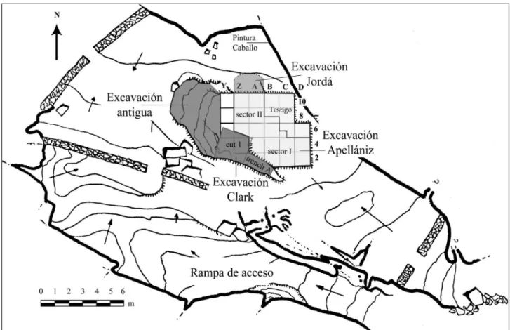Fig. 1.2. Scaled plan of the Portalón de Cueva Mayor site indicating the different excavations areas 