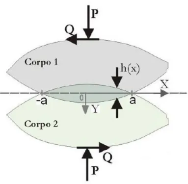 Figura 2.11: Contato entre dois corpos elasticamente deformáveis submetidos à força normal, P, e tangencial, Q  (MARTINS, 2008)