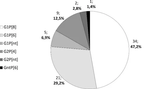 Fig 2. Distribution of G and P genotypes of rotavirus a strains in children with diarrhea attended at the Bengo General Hospital.