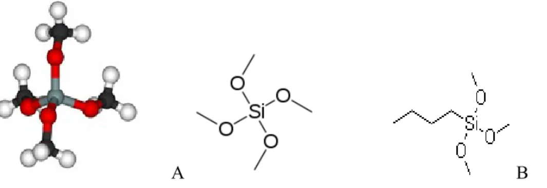 Figure   1.1.:   Structural   representations   of   an   alkoxide,  tetramethoxysilane (TMOS )   –   A,   and an  alkoxysilane,   n-butyltrimethoxysilane (BTMS) – B
