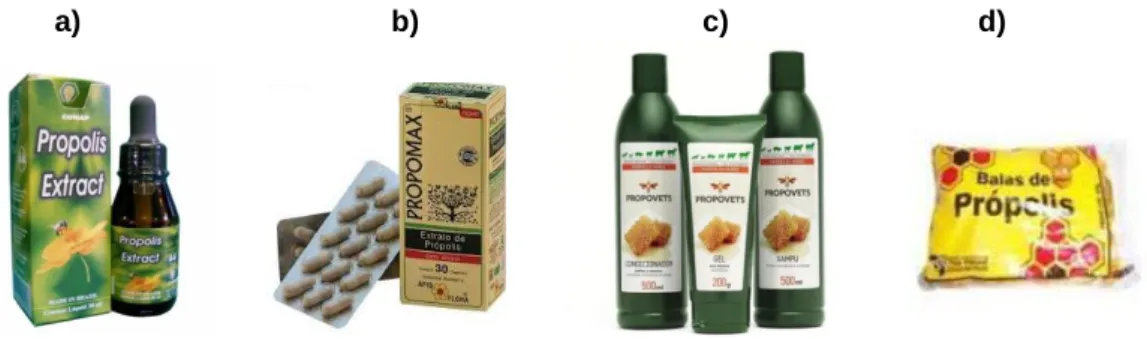 Figura 1: a) Extrato de própolis; b) Cápsulas de própolis; c) Produtos de higiene; d) Rebuçados de própolis 