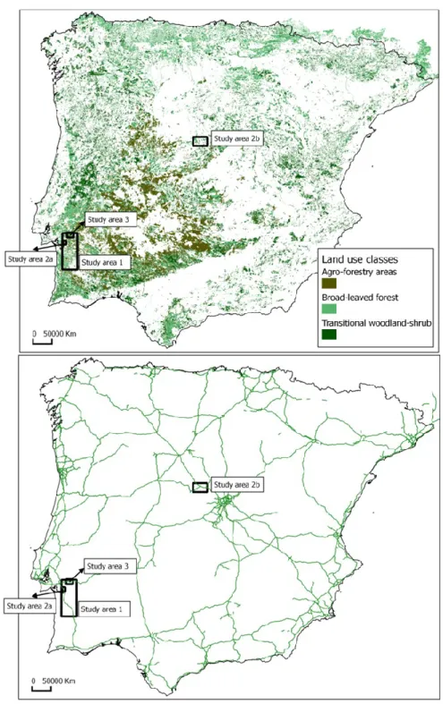 Fig. 2.1 - Location of the study areas in the Iberian Peninsula:  study area 1-  small mammal sampling  area from chapter 2;  study area 2a  and  2b -  capture areas from chapter 3;  study area 3  -  stone  marten tracking area from chapter 4