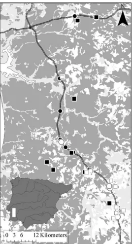 Fig. 3.1 - Location of the study area in the Iberian Peninsula and the sampling sites in the study area