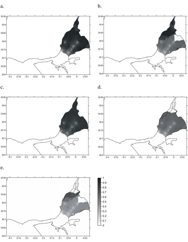 Figure 4 – Mapped habitat suitability for S. solea 0-group juveniles according to the different  models tested ((a) HSI abiotic ; (b) HSI amphipods ; (c) HSI polychaetes ; (d) HSI bivalves ; (e) HSI all )