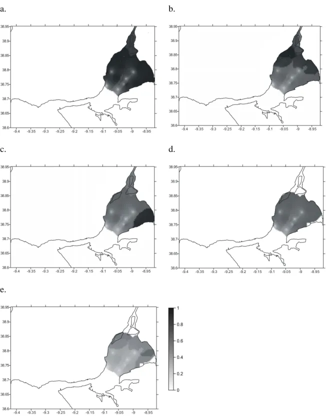 Figure 5 - Mapped habitat suitability for S. senegalensis 0-group juveniles according to the different  models tested ((a) HSI abiotic ; (b) HSI amphipods ; (c) HSI polychaetes ; (d) HSI bivalves ; (e) HSI all )