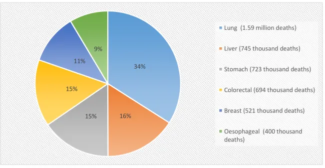 Figure I.1 - Most common causes of cancer death. Data obtained from the World Health Organization 1 