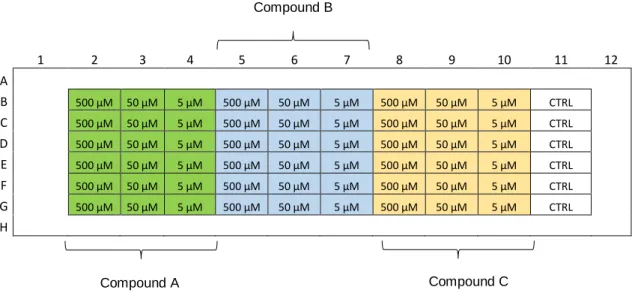 Figure II.11 - Plate scheme for drug testing of all compounds with concentrations tested.