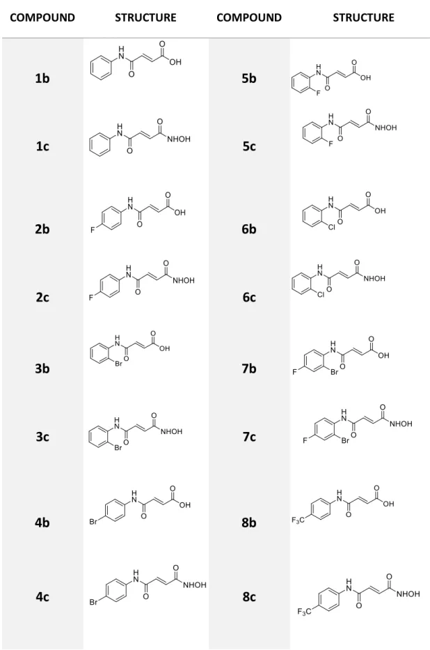 Table III.3.B - Carboxylic and hydroxamic derivatives synthesized - Compounds tested in cancer cell lines