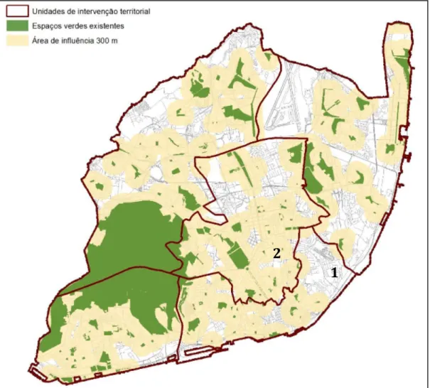 Figura 3.1. Área de influência dos espaços verdes existentes (por UIT). Fonte: CML (2015,  p