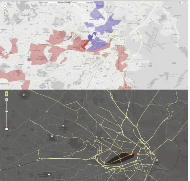 Fig. 8. Two screen images from the visualization platform. (a) The trip producing (red) and trip attracting (blue) census tracts using Cambridge St., crossing the Charles River in Boston