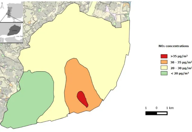 Figure 2. Map of Lisbon’s NO 2  concentration overlaid on the city’s land cover. 