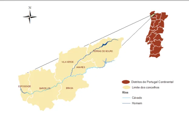 Figura 3: Âmbito territorial da Bacia Hidrógráfica do rio Cávado. (Fonte: Adaptada de  UM/Simbiente, 2008) 