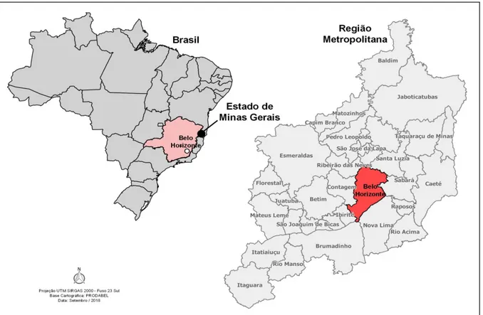 Figura 1. Mapa do Brasil com o Estado de Minas Gerais e da Região Metropolitana de BH 