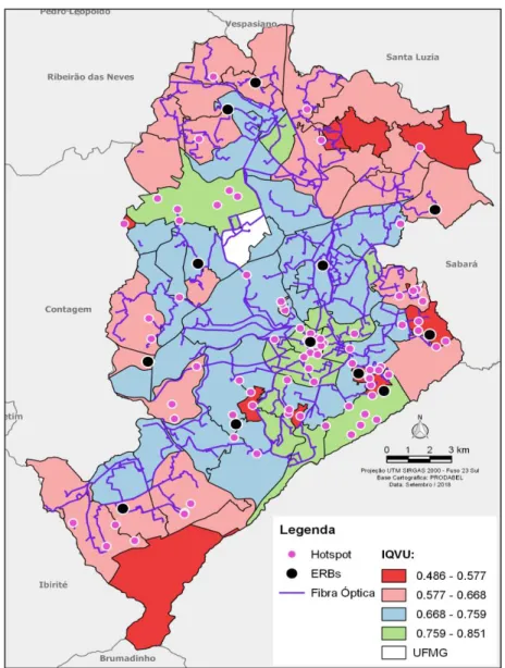 Figura 3. Mapa de BH com malha da fibra óptica, ERBS e Hotspots 