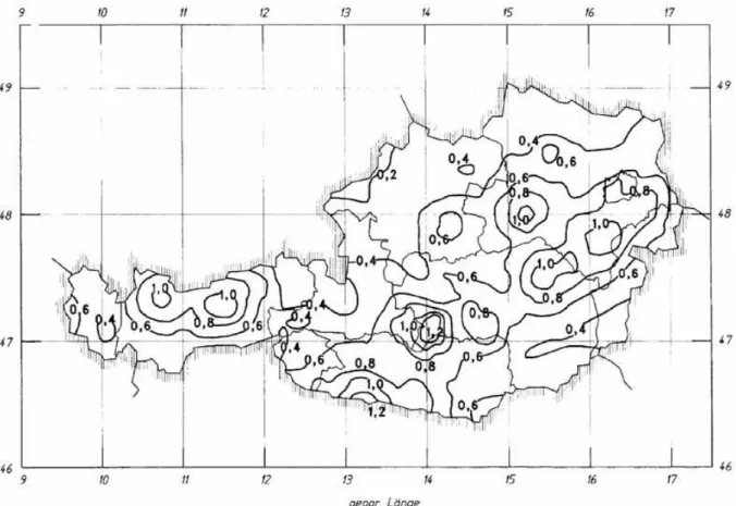 Figura 3.3 – Isolinhas da aceleração sísmica ao longo do território, 