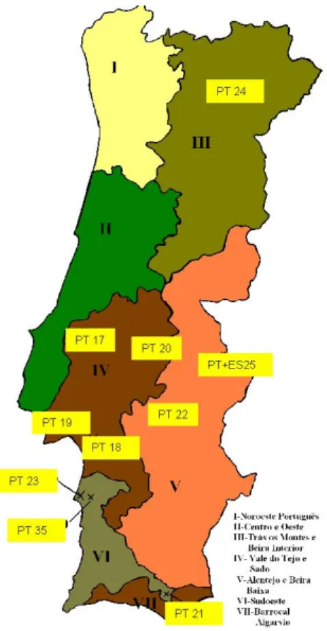 Figura 1  Regiões de proveniência portuguesas para o sobreiro, definidas por Varela (com