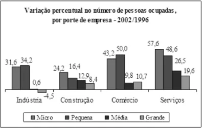 Tabela 8 – Brasil, variação percentual na massa de salários e rendimentos pagos, por porte de  empresa e setor de atividade: 2002/1996