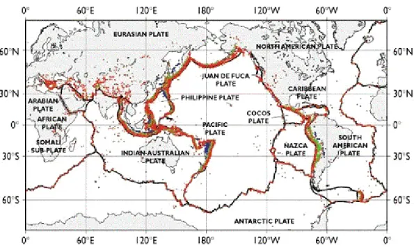 Figura 3-2 – Carta mundial de sismicidade para o período decorrido entre 1963-2000 (GLY, 2007)