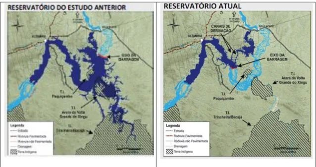 Figura 1: arranjo geral do antigo (esquerda) e novo projeto (direita) da UHE Belo  Monte
