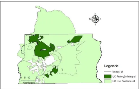 Figura 1. Mapa do Distrito Federal, com cobertura de unidades de conservação  de proteção integral e de uso sustentável (Fonte: autora, 22/09/2010)