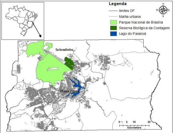 Figura 2. Mapa de localização da Reserva Biológica da Contagem, em destaque, e as regiões  administrativas Brasília e Sobradinho (Fonte: autora, 22/09/2010)