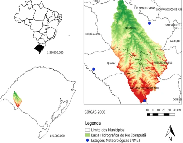 Figura  1.  Mapa  de  localização  da  Bacia  Hidrográfica  do  rio  Ibirapuitã  e  das estações meteorológicas do INMET utilizadas no estudo