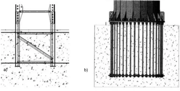 Fig. 2.5 – Elementos de ligação da estrutura à fundação: a) Embebimento da torre e b) Chumbadouros 