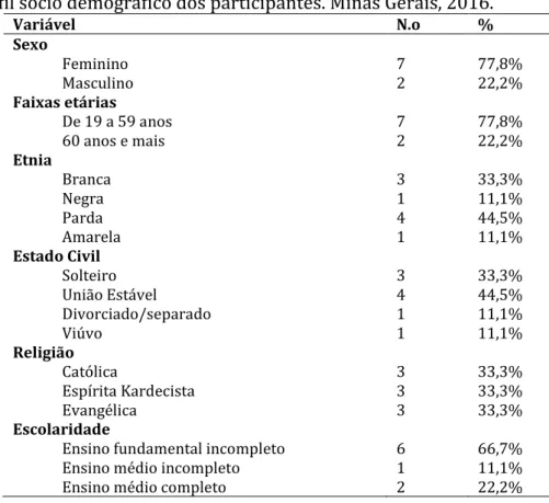 Tabela 1. Perfil sócio demográfico dos participantes. Minas Gerais, 2016. 