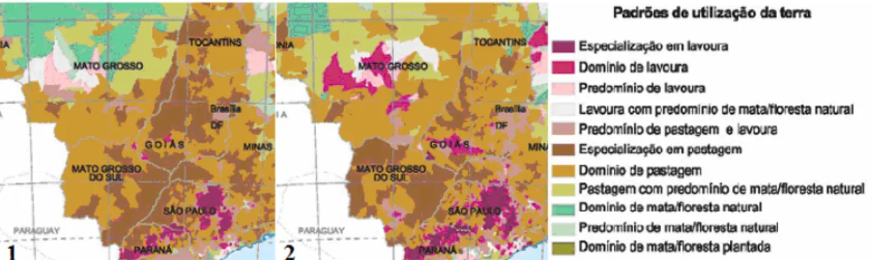 Figura 3: Padrão de ocupação do território pela agropecuária no período 1995-1996  (1) e 2006 (2) na região centro-oeste (modificado - IBGE, 2006b)