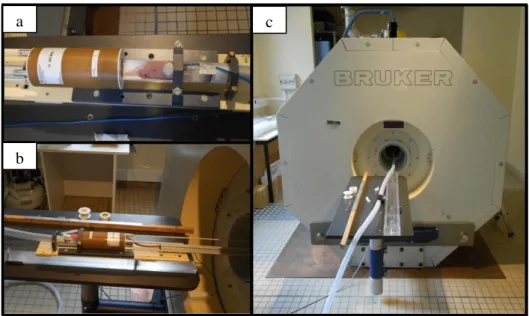 Figura  7.  Procedimento  para  aquisição  das  imagens  de  RM.  (a)  O  animal  é  posicionado  na  cama  aquecida  do  equipamento  e  recebe  a  anestesia  gasosa  durante todo o procedimento; (b) o animal é colocado, ainda com a anestesia,  dentro  de