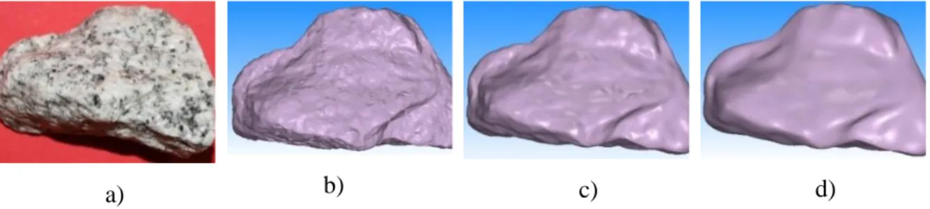 Fig. 9 – Laser scanning digitization of particle IV: a) particle; b) scanning at 0.2 mm  resolution; c) scanning at 0.5 mm resolution and d) scanning at 1.0 mm resolution