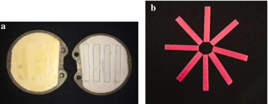 Figura 6: a) Mufla e contra-mufla com silicone de adição e b) Espécimes da resina ProBase ®  Hot  após eliminação dos excessos