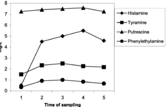 Figure  5.  Evolution  of  histamine, tyramine,  phenylethylamine,  and  putrescine  concentration  of  wines  from  Utiel-Requena,  before (1)  and  after (2) malolactic and  3  (3),  6 (4),  and  12 (5) months of  storage