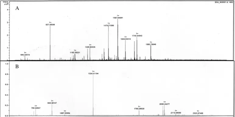 Figura 5 – Espectro de massa dos péptidos obtidos após hidrólise de (A) BSA comercial e  (B) glioxalase II  