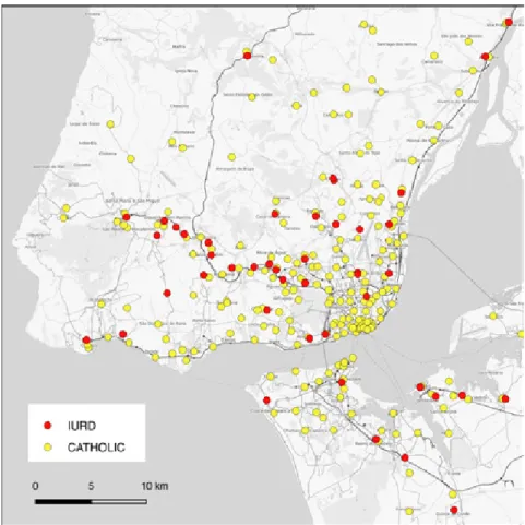 Figure 2 - Places of worship over a map of transportation (OSM) showing railway and  train stations across AML (Lisbon Metropolitan Area)