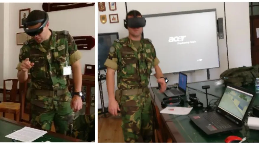 Figura 10 - Experiência com HoloLens (esq.) e Oculus Rift (dir.). 